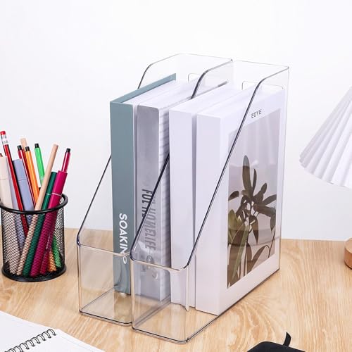 2 Pack Clear Magazine File Holder, PET Magazine Shelf Desk Book Organizer Vertical Binder Storage Case for Home School Office Table Organization Supplies