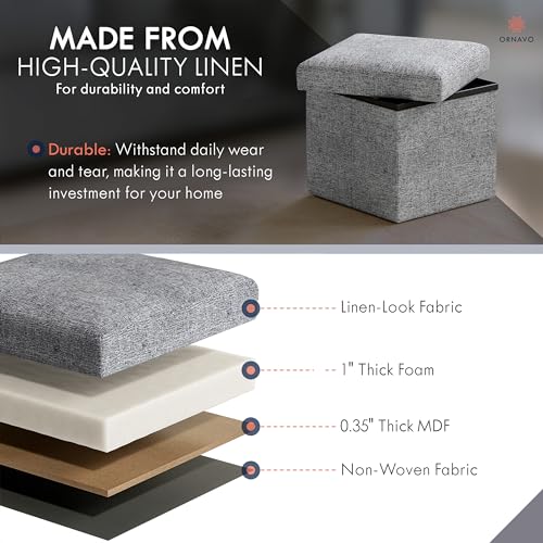 Ornavo Home Small Storage Ottoman Foldable Collapsible Cube Square Linen Ottoman Foot Rest Stool Seat, for Living Room, Bedroom, Home Office, Dorm - 12 x 12 x 12, Gray - color: Grey