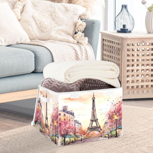 xigua Watercolor Paris Storage Bins with Lids and Carrying Handle,Foldable Storage Boxes Organizer Containers Baskets Cube with Cover for Home Bedroom Closet Office - color: Watercolor Paris