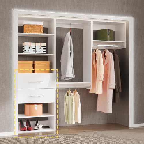 2 Drawer Short Tower Closet Unit, Modular Closet System, Wood Closet System Organizer with Storage for Walk In Closets, Clothing Rack Closet for Hanging Clothes, Bedroom, White, 25.5"W - color: White, size: 25.5" Wide, style: 2 Drawer Short Tower