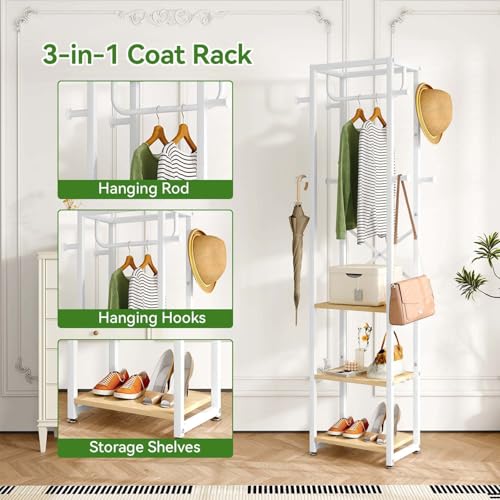IBUYKE Coat Rack with Shelves, Freestanding Hall Tree with 3 Shelves and 8 Hooks, Industrial Clothes Stand for Entryway, Hallway, Bedroom, Natural UTMJ088R - color: Natural