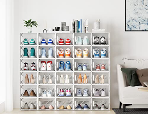Shoe Storage, 12 Pack X-Large Shoe Organizer for Closet, Shoe Boxes Clear Plastic Stackable Shoe Storage Boxes for Size 13 - color: White