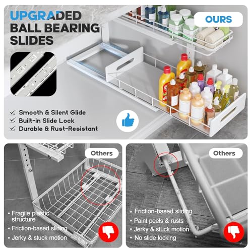 Under Sink Organizer Upgrade To Professional Rails,2-Tier Dual Pull Out Cabinet Storage,Height Adjustable Slide Out Drawers For Bathroom Kitchen,2 Pack-21"Dx12.8"-16.9"H,White - color: White, size: 2 Pack-21"Dx12.8"-16.9"H