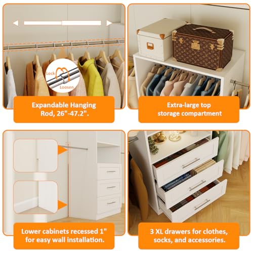 vomavex Closet System of 2 Set, 4-18FT Closet Organizer System with 10 Hanging Rods & 6 Wood Drawer & Adjustable Shelves, Walk in Closet Storage System, Free Standing Closet System, White - color: 4-18ft
