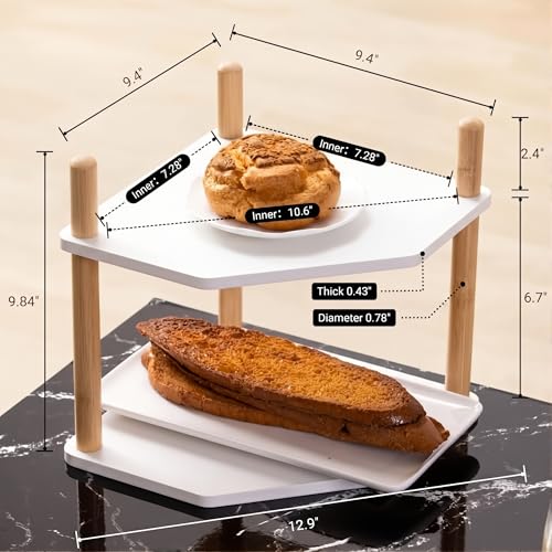 2-Tier Expandable Bamboo Corner Shelf - Dish/Plate Organizer for Cabinet, Kitchen Counter Shelf & Small Kitchen Shelf, Adjustable (6.7" H-White, 2-Tier) - color: 6.7"H-White-2