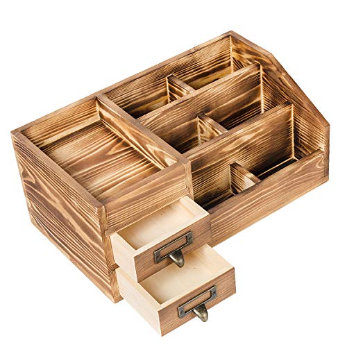 Liry Products Rustic Wooden Desktop Organizer Office Supplies Brown Tabletop Storage Cabinet Stepped Rack Multiple Compartments 2 Tier Drawers Makeup Accessory Jewelry Sorter Display Box Home Office - color: Brown