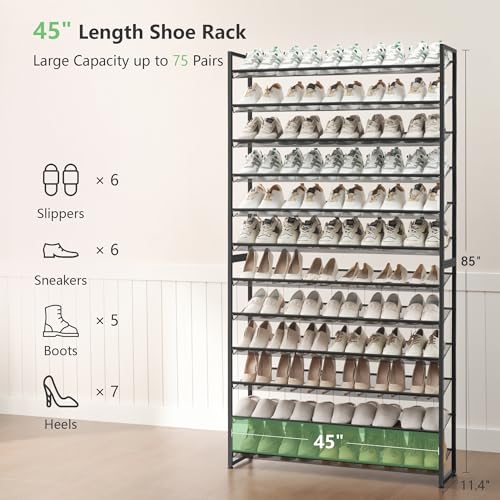 Nunsino Shoe Rack, Long Shoe Organizer,Max Holds 75 Pairs,12 Tier Metal Shoe Storage Shelf,6-Tier Stackable Shoes Organizer for Garage, Entryway,Black - color: Black, size: 12 Tier