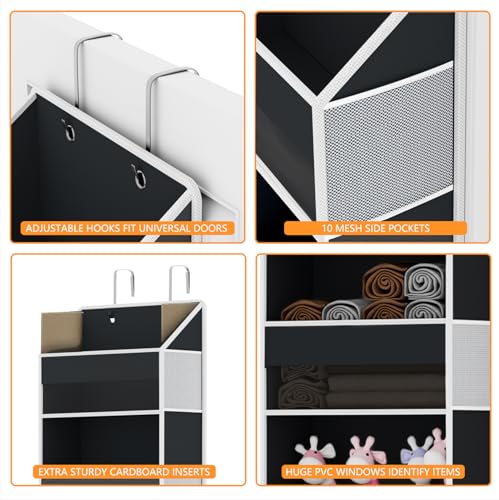 Over Door Organizer - Over The Door Storage Organizer with 5 Large Pockets & 10 Mesh Side Compartments - Heavy-Duty Hanging Storage for Bathroom, Bedroom & Nursery - Room Organizer Solution - Black - color: Black