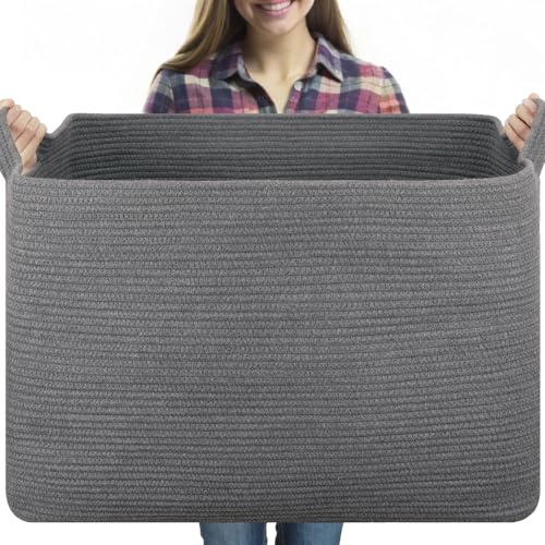 OIASKET 118L Extra Large Blanket Basket, 24.8" x 17.7" x 17.2" Woven Storage Basket for Living Room, Rectangle Nursery Blanket Storage for Toys, Towels, Dirty Clothes (Grey) - color: Grey, size: 24.8"x17.7"x16.2"