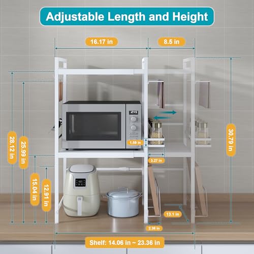 DOLALIKE Microwave Oven Rack, Expandable Microwave Stand Kitchen Countertop Organizer Utensils Storage, Carbon Steel Over Microwave Shelf with 3 Hooks (White, 3 Tier- With Storage) - color: White, size: 3 Tier (With Spice Rack)