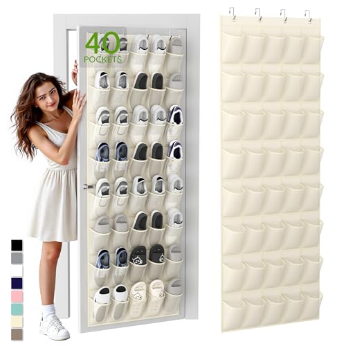 Unjumbly Over the Door Shoe Organizer with 40 Large Breathable Mesh Pockets, Space Saving Shoe Holder, Hanging Shoe Rack for Entryway Bedroom Closet Storage (Beige, 40 Pockets) - color: Beige, size: 40 Pockets