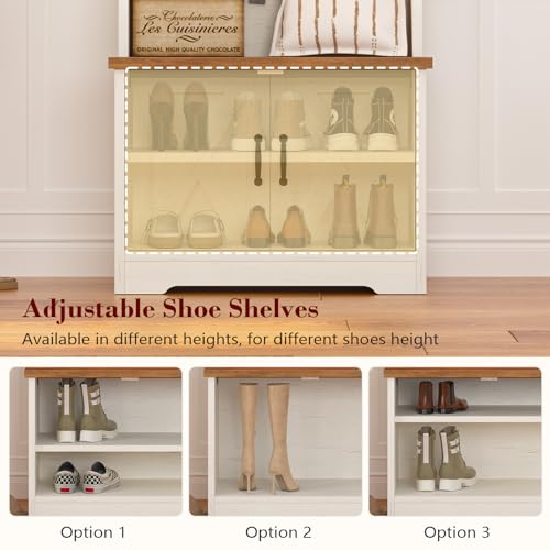 CSZZD Hall Tree with Bench and Shoe Storage, Entryway Bench with Coat Racks and Led Lights, Farmhouse Small Hall Tree with Shoe Cabinet, 7 Coat Hooks, 6 Storage Cubbies, Adjustable Shelf - color: Antique White, size: 23.6"