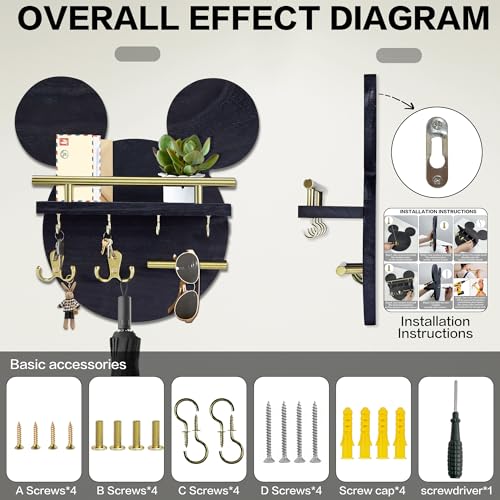 AIRPOP Key Holder for Wall–Mouse Wooden Mail Organizer Wall Mount with Shelf and 6 Hooks, Easy Installation Key Rack Hanger for Entryway Living Room Home Decor (Black) - color: Black