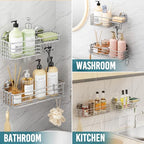 TAILI Shower Caddy Suction Cup 2 Pack with Hooks and Soap Holder, Heavy Duty Shower Organizer for Bathroom, No Drilling Silver Bathroom Suction Shelves-Silver - style: 2 × Silver