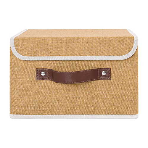ANMINY Storage Bin with Lid Storage Boxes with PU Leather Handles PP Plastic Board Decorative Foldable Lidded Cotton Linen Fabric Home Cubes Baskets Closet Organizer Container - Khaki, Small Size - color: Khaki, size: Small (Pack of 1)