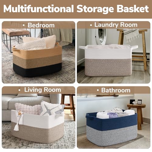Goodpick Large Blanket Basket 22" x 17" x 12" Wicker Laundry Baskets for Organizing, Decorative Woven Rope Basket for Living Room Bedroom, Rectangle Toy Storage Baskets for Kids - color: Gradient Black, size: 22"L x 17"W x 12"H