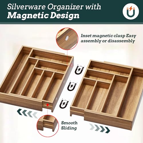 Silverware Organizer Large, Magnetic Connected Expandable 13 Slots Silverware Drawer Organizer From 21 to 37.4 Inches, Adjustable Flatware and Cutlery Holder, Bamboo Utensil Tray for Kitchen Acacia - color: Acacia, size: 13 Slots
