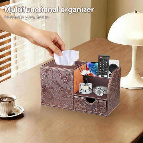Nightstand Organizer with Tissue Holder,PU Leather Square Tissue Box Cover,Modern Facial Paper Organizer Storage Box for Remote Control,Bathroom,Vanity Countertop,End Table Home Office - color: Retro