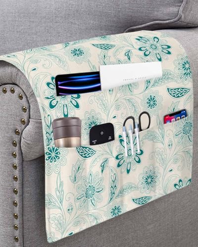 Sofa Armrest Organizer Bedside Caddy, Vintage Turquoise Floral Non Slip Couch Remote Control Holder for Recliner, Rustic Abstract Flower Burlap Arm Chair Caddy with Pocket for Magazine, 19.7"x35" - color: Turquoise, size: 19.7x35 in