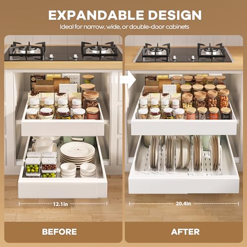Seinloes 6 Pack Pull out Cabinet Organizer 21"Deep with Raising Pad for Framed Cabinets, Expandable Slide out Drawers for Kitchen Cabinets with 6pcs Divider Racks, Roll out Shelves 12.1"-20.4" W White - color: White, size: 12.1"-20.4"W x 21"D(6Pack)