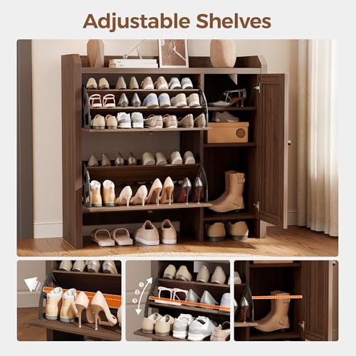 Mericonia Shoe Cabinet Storage for Entryway with 2 Flip Drawers(3-Tier), Rattan Freestanding with Door & 3 Adjustable Shelve,Hidden Shoe Rack Organizer for Hallway, Foyer - color: Walnut, size: Flip Drawers 2 & Door 1