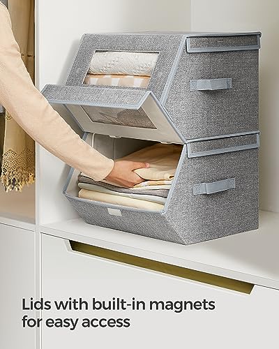 SONGMICS Stackable Storage Bins Set of 2, Storage Boxes with Lids and Front Windows, Non-Woven Fabric Closet Organizers with Magnetic Closures, Side Handles, Dove Gray URLB002W01 - color: Dove Gray