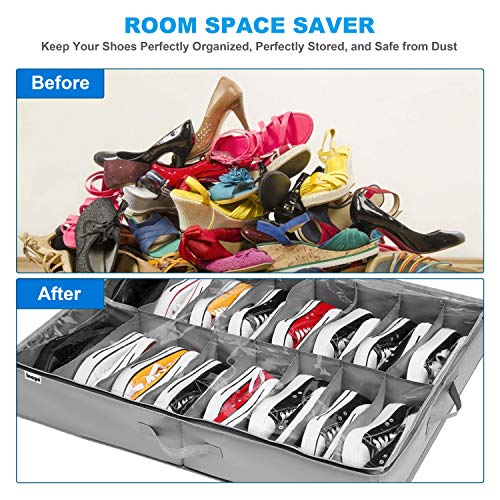 INAYA Under Bed Shoe Storage Organizer Set of 2, Fits 32 Pairs, Underbed Shoe Box Storage Containers Adjustable Dividers w/Bottom Support, Clear Foldable Shoes Storage w/Reinforced Handles - size: 16+16 Cells (Adjustable Dividers)