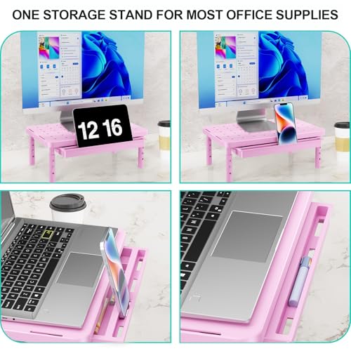 WALI Computer Monitor Stand with Storage, Desk Monitor Riser 3 Height Adjustable, Laptop Riser with Airflow Vents, Desk Organizer for Computer, Laptop, Printer (PTT002-P), 1 Pack, Pink - color: Pink, size: with Drawer