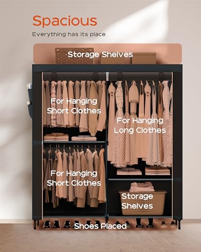 CASAMAYA Clothes Rack, Portable Closet, 54.7 Inch Large Capacity Wardrobe Closet with Cover, Clothes Storage Organizer with Shelves and 3 Hanging Rods, Easy to Assembly, Black PCT122B01 - color: Black, size: 54.7"L x 17.7"W x 78"H