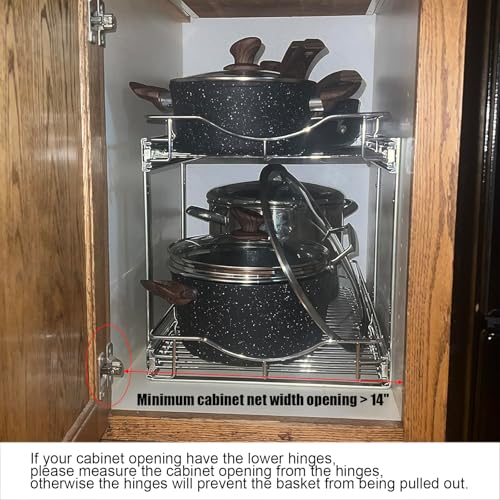 DINDON 2 Tier Pull Out Cabinet Organizer (14" W X 18" D), Double Tier Wire Basket Slide Out Shelf Storage for Kitchen Base Cabinet Organization for Kitchen, Pantry, Bathroom, Chrome - size: 14'' W X 18'' D