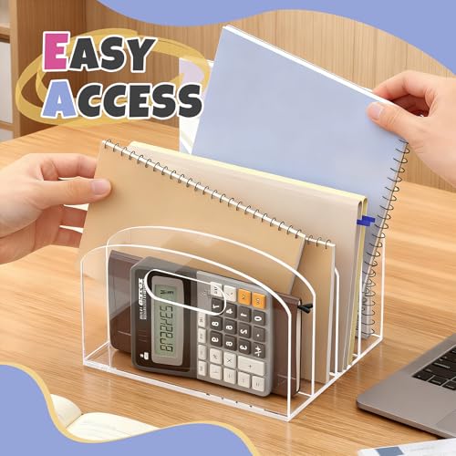 Jumyee Acrylic Desk File Organizer, 4-Section Clear File Folder Organizer for Desk, Vertical File Sorter with Handles, Desktop Organizer for Home, Office, School, Classroom - size: 4 Sections Portable