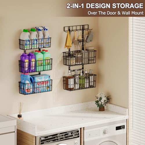 Hongtamoya Adjustable Over the Door Organizer, Metal Hanging Door Organizer with 5 Wire Basket 7 Hooks, Wall Mounted Shelf for Pantry Laundry Organization and Storage, Black - color: Black Wire Basket