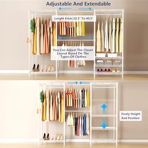 Heavy Duty Closet Garment Rack, 6 Tiers Adjustable Metal Freestanding Expandable Clothing Storage with 4 Hanger Rods, Easy to Assemble Wardrobe, 71.4" H x (70" - 88.2") L x 14" D, White - color: White