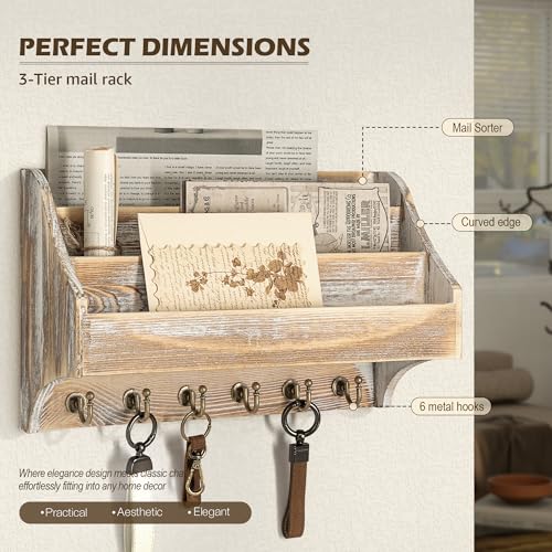 Rebee Vision Pine Wood Rustic Key Holder Wall Mount - Farmhouse 3-Tire Mail Holder with 6 Key Hooks - Multifunctional Wall Organizer for Haning Office Papaer (Natural) - color: Natural