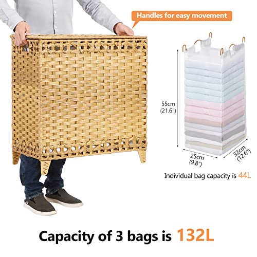 Laundry Hamper with 3 Removable Liner Bags; 132L Handwoven Rattan Laundry Basket with Lid & Heightened Feet; Clothes Hamper with Side Handles; Laundry Sorter with 3 Separate Sections - color: Natural, size: 132L-3 Section