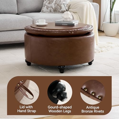 WUTUTUEE 30Inch Round Storage Ottoman with Tray, Modern Tufted Leather Circle Coffee Table with Storage, Upholstered Ottoman with Removable Top for Living Room, Bedroom, Leather Coffee - color: Leather Coffee, size: 30 Inch