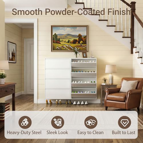 Shoe Cabinet with 4 Flip Drawers, Slim Metal Wall-Mounted Shoe Storage Organizer for Entryway, Hallway, Mudroom, Hidden Narrow Rack, White - style: 4 Flip Drawers