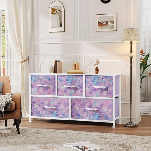 DWVO Dresser with 5 Drawers - Fabric Storage Tower, Organizer Unit for Bedroom, Living Room, Closets - Sturdy Steel Frame, Wooden Top (Purple) - color: Purple, style: 5-Drawer