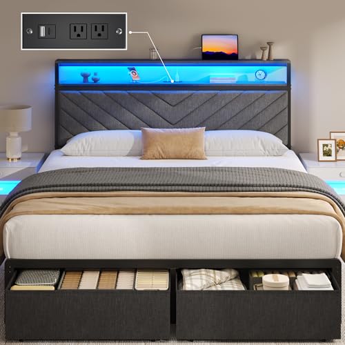 Fluest Queen Bed Frame with 2 Drawers, Upholstered Headboard with Storage and Charging Station, LED Lights, Fabric Drawers with Wheels, Under Bed Storage, No Box Spring Needed, Easy Assembly, Grey - size: Queen