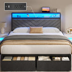 Fluest Queen Bed Frame with 2 Drawers, Upholstered Headboard with Storage and Charging Station, LED Lights, Fabric Drawers with Wheels, Under Bed Storage, No Box Spring Needed, Easy Assembly, Grey - size: Queen