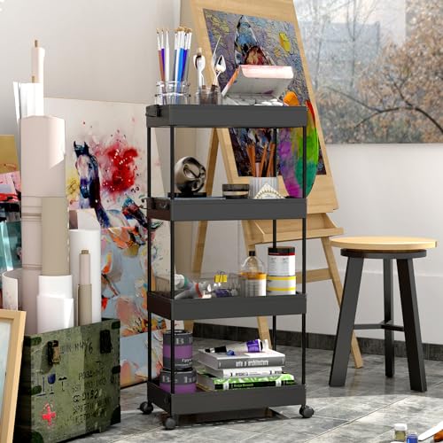 SPACEKEEPER Storage Cart 4-Tier, Bathroom Rolling Cart Utility Storage Organizer Shelf Mobile Shelving Unit for Kitchen Living Room Bathroom Laundry Room & Dressers, Black - color: Black, size: 4 Tier