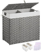 Greenstell Laundry Hamper with lid, No Install Needed, 130L Wicker Laundry Baskets Foldable 2 Removable Liner Bags, 2 Section Clothes Hamper Handwoven Rattan Laundry Basket with Handles, Gray - color: Gray, size: 130L (26.2x13.3x24.0 Inches)