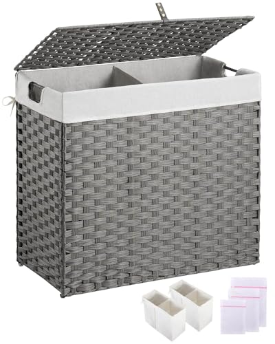 Greenstell Laundry Hamper with lid, No Install Needed, 130L Wicker Laundry Baskets Foldable 2 Removable Liner Bags, 2 Section Clothes Hamper Handwoven Rattan Laundry Basket with Handles, Gray - color: Gray, size: 130L (26.2x13.3x24.0 Inches)