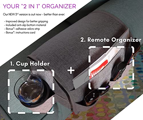 Couch Caddy - Armchair Caddy Remote Control Holder Armrest Organizer Recliner Non Slip Arm Chair Couch Cup Holder 6 Storage Pockets Drink Caddie Gray (8 Inches) - size: 8 Inches