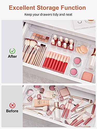 SMARTAKE 16-Piece Drawer Organizer with Non-Slip Silicone Pads, 5-Size Desk Storage Tray for Makeup, Jewelries, Utensils in Bedroom Dresser, Office and Kitchen, Clear - size: Medium