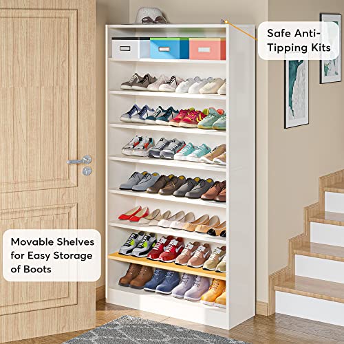 Tribesigns Shoe Cabinet, 9 Tiers 40-45 Pairs Heavy Duty Wood Freestanding Shoe Storage Cabinet, 70.8'' Tall Shoe Cabinet with Open Storage for Entryway, White - color: White