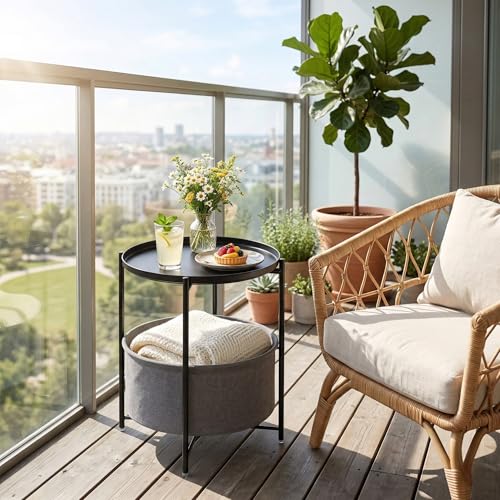 danpinera Round Side Table with Fabric Storage Basket, Metal Small Bedside Nightstand Removable Tray Top for Living Room, Bedroom, Nursery, Laundry, Ink Black - color: Ink Black