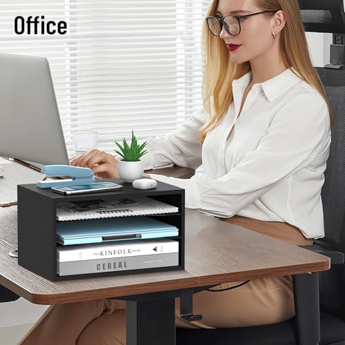 Wood Desk Organizer, 3 Tier Paper Tray Organizer for Desk with Adjustable Storage Shelves, Printer Stand Desktop File Organization Paper Sorter Mail Holder for Office Home Classroom, Black - color: Black, size: 3 Tier