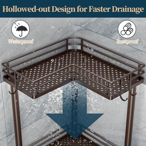 Consumest Corner Shower Caddy Standing - 4-Tier Stainless Steel Shower Organizer with Soap Holder and 4 Hooks, Large Capacity Corner Shelf Stand for Bathroom, Rest Room, Bronze - color: Bronze, size: 4 Tier