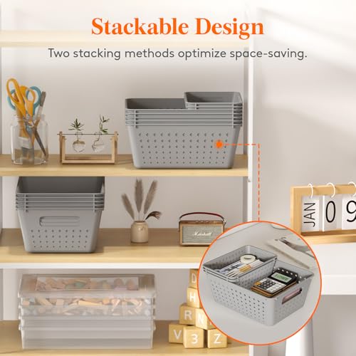 Lifewit Plastic Storage Basket for Organizing, 10 Pack Stackable Open Containers, Multi Size Storage Bins for Shelving, Pantry, Office and Cabinet, 6 Large and 4 Small Size, Gray - color: Gray, size: 6 Large and 4 Small